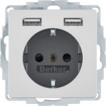 Розетка з заземлюючим контактом HAGER-BERKER 16А/250В+2хUSB/2.4A алюміній Q.х