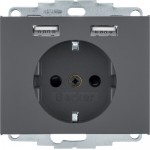 Розетка з заземл. контактом HAGER-BERKER 16А/250В+ 2хUSB/2.4A антрацит К.1
