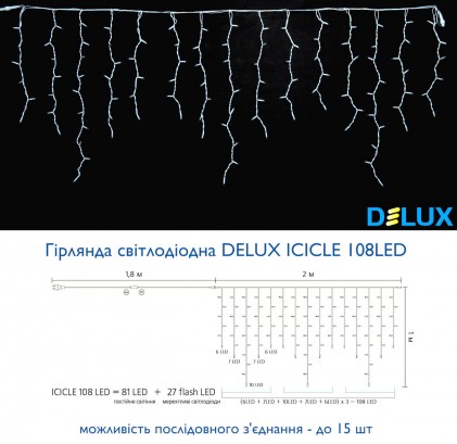 Гирлянда внешняя DELUX ICICLE 108LED 2x1m 27 flash желтый/белый IP44 EN