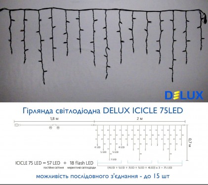 Гирлянда внешняя DELUX ICICLE 75LED 2x0.7m 18 flash теплый белый/черный IP44 EN