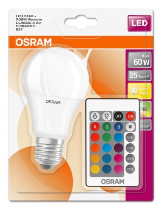 Led лампа OSRAM ST CLAS A60 RGBW FR 9W/2700K E27 светодиодная с пультом дистанционного управления