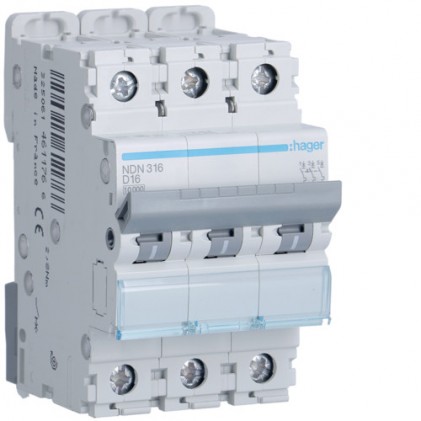 Автовыключатель HAGER 16А 3п D 10 kA 3м NDN316