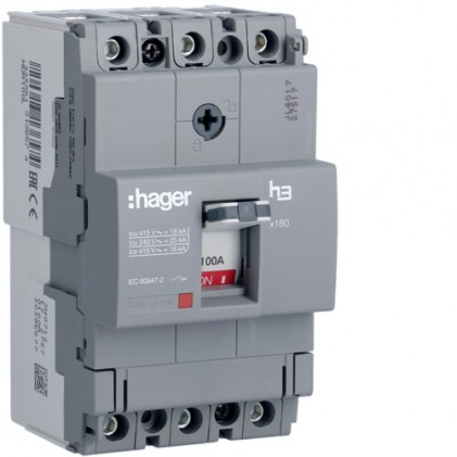 Силовий автоматичний вимикач HAGER HDA100L 100А 3п x160 18kA Тфікс./Мфікс.