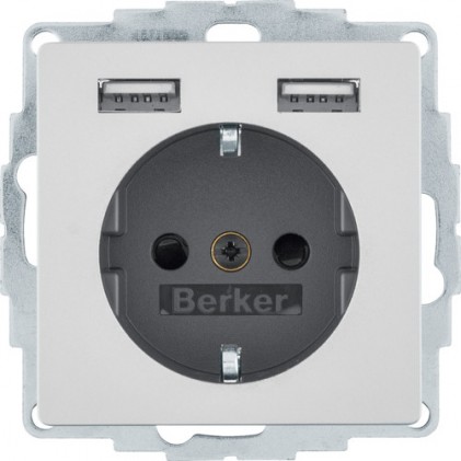 Розетка с заземляющим контактом HAGER-BERKER 16А/250В + 2хUSB/2.4A алюминий Q.х