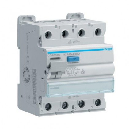 Дифференциальное реле HAGER 4п 80A 30mA A 4м CDA680C