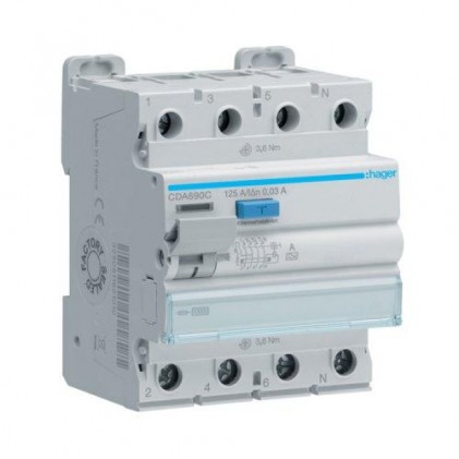 Дифференциальное реле HAGER 4п 125A 30mA A 4м CDA690C