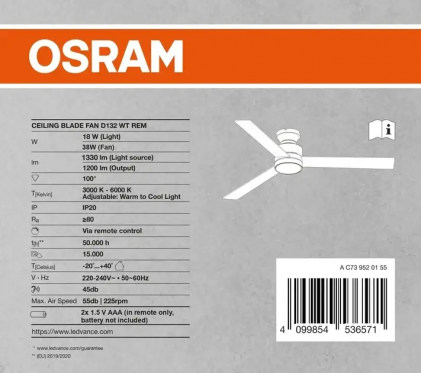 Світильник з вентилятором OSRAM Ceiling Blade Fan 18W 3000-6000К DIM з пультом керування