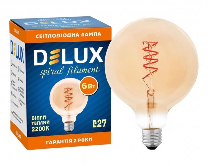 Led лампа DELUX Globe G125 6w E27 amber spiral FIL 2200K светодиодная