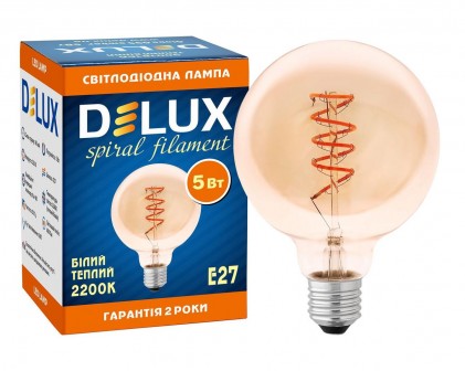 Led лампа DELUX Globe G125 5w E27 amber spiral FIL 2200K светодиодная