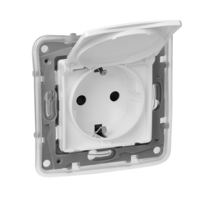 Розетка с заземлением LEGRAND Etika с крышкой и защитными шторками 2К+З ІР44 белая