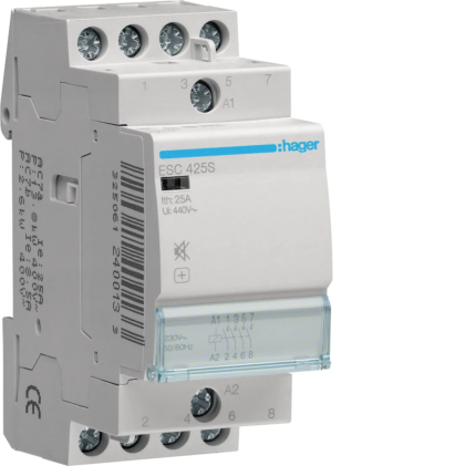 Контактор HAGER бесшумный с ручным управлением 4н.о. 25А 230В АС 2м ERC425S