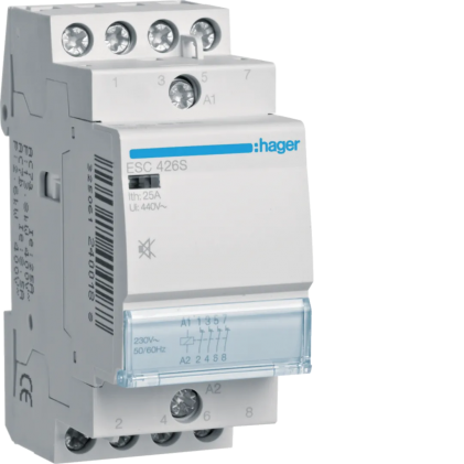 Контактор HAGER бесшумный 4н.з. 25А 230В АС 2м ESC426S