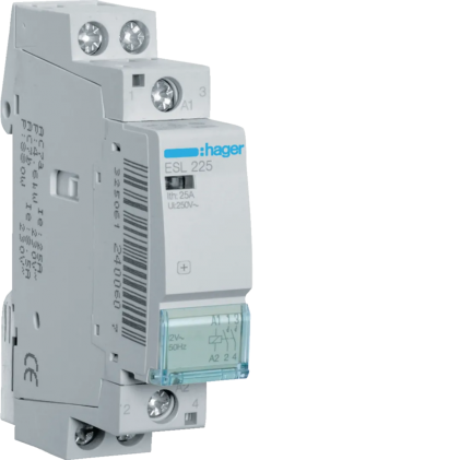 Контактор HAGER 25А 2н.о. 8/12В АС 1м ESL225