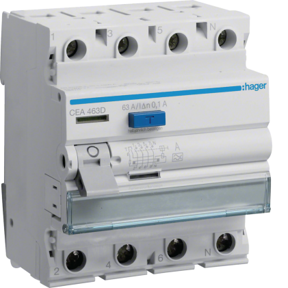 Дифференциальное реле HAGER 4п 6кА 63A 100mA А 4м CEA463D