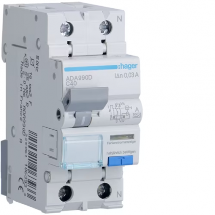 Дифференциальный автовыключатель HAGER 1Р+N 40A 30mA С 6КА A 2м ADA990D