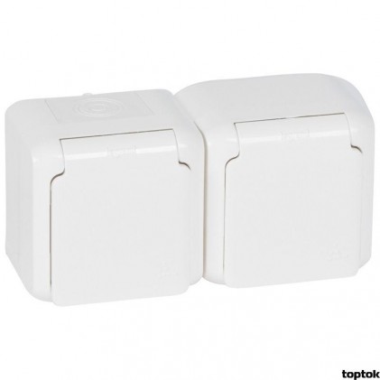 Розетка двойная с з/к LEGRAND Forix 16А с крышкой и шторками IP44 накладного монтажа белая