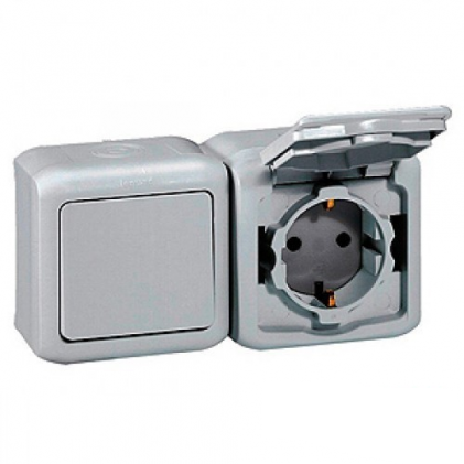 Розетка двойная с з/к LEGRAND Forix 16А с крышкой и шторками IP44 накладного монтажа серая