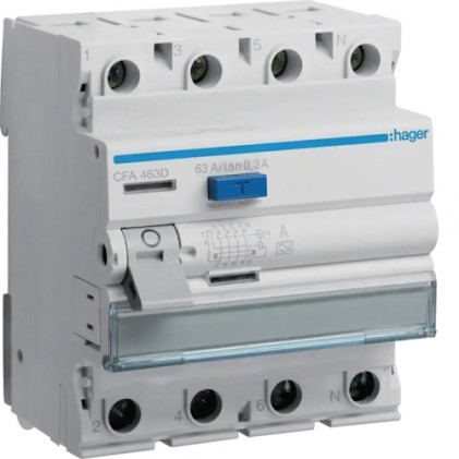 Дифференциальное реле HAGER 4п 63A 300mA A 4м CFA463D