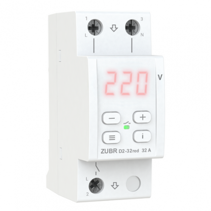 Реле напряжения ZUBR D2-32 red 1ф 32А 2мод вольтметр мін. напр. макс. напр. термозащита