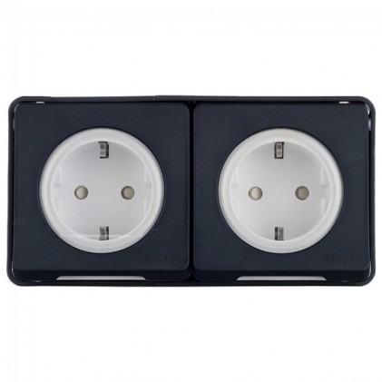 Розетка двойная SCHNEIDER Mureva Styl MUR36029 с зк и шторками 16А IP55 наружный монтаж с крышкой черная