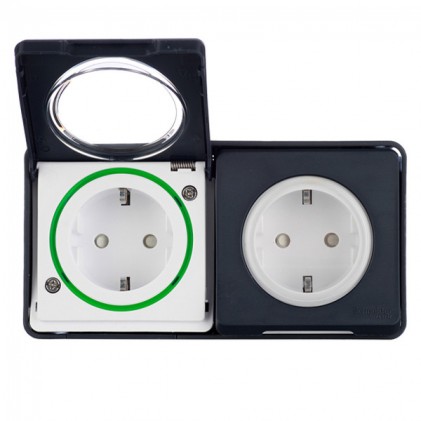 Розетка двойная SCHNEIDER Mureva Styl MUR36029 с зк и шторками 16А IP55 наружный монтаж с крышкой черная