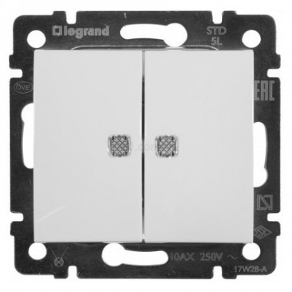 Выключатель двухклавишный с подсветкой (сх 5) LEGRAND Valena Classic белый