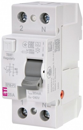 Реле диференційне (ПЗВ) 2р EFI6-P2 25/0,03 тип A (6kA) ETI