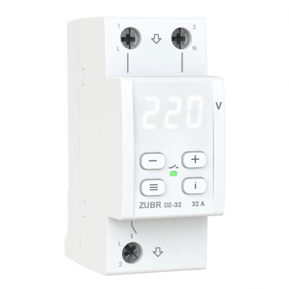 Реле напряжения ZUBR D2-32 1ф 32А 2мод вольтметр мін. напр. макс. напр. термозащита