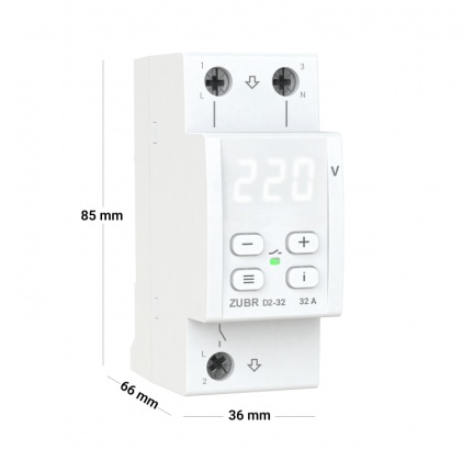 Реле напряжения ZUBR D2-32 1ф 32А 2мод вольтметр мін. напр. макс. напр. термозащита