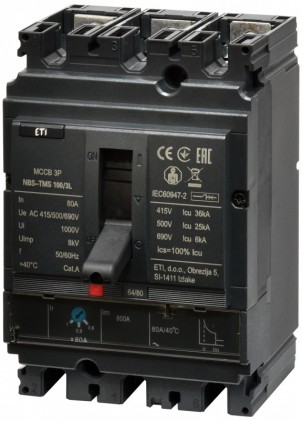 Автоматичний вимикач NBS-TMS 100/3L 80A (36kA, (0.8-1)In/фікс.) 3P ETI