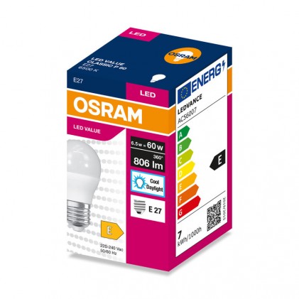 Лампа OSRAM VALUE CLP60 6.5W/865 230V FR E27 світлодіодна