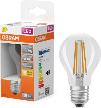 Led лампа OSRAM LEDS CLA60 5.9W/827 220-240V FIL E27 светодиодная